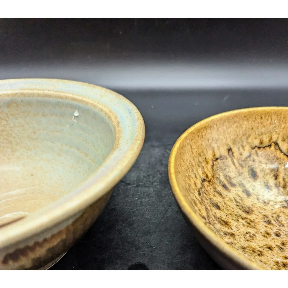 Lot/2 Vintage Studio Art Pottery Ceramic Bowls Brown Beige Signed 7* 7.75